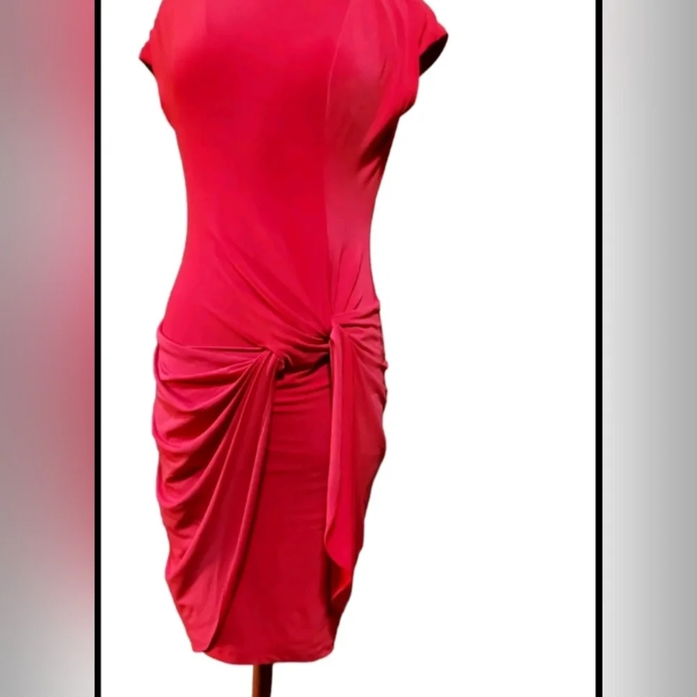 Lauren Ralph Lauren Dress 8 Midi Slinky Stretch Bodycon Y2k Cap Short Sleeve Red